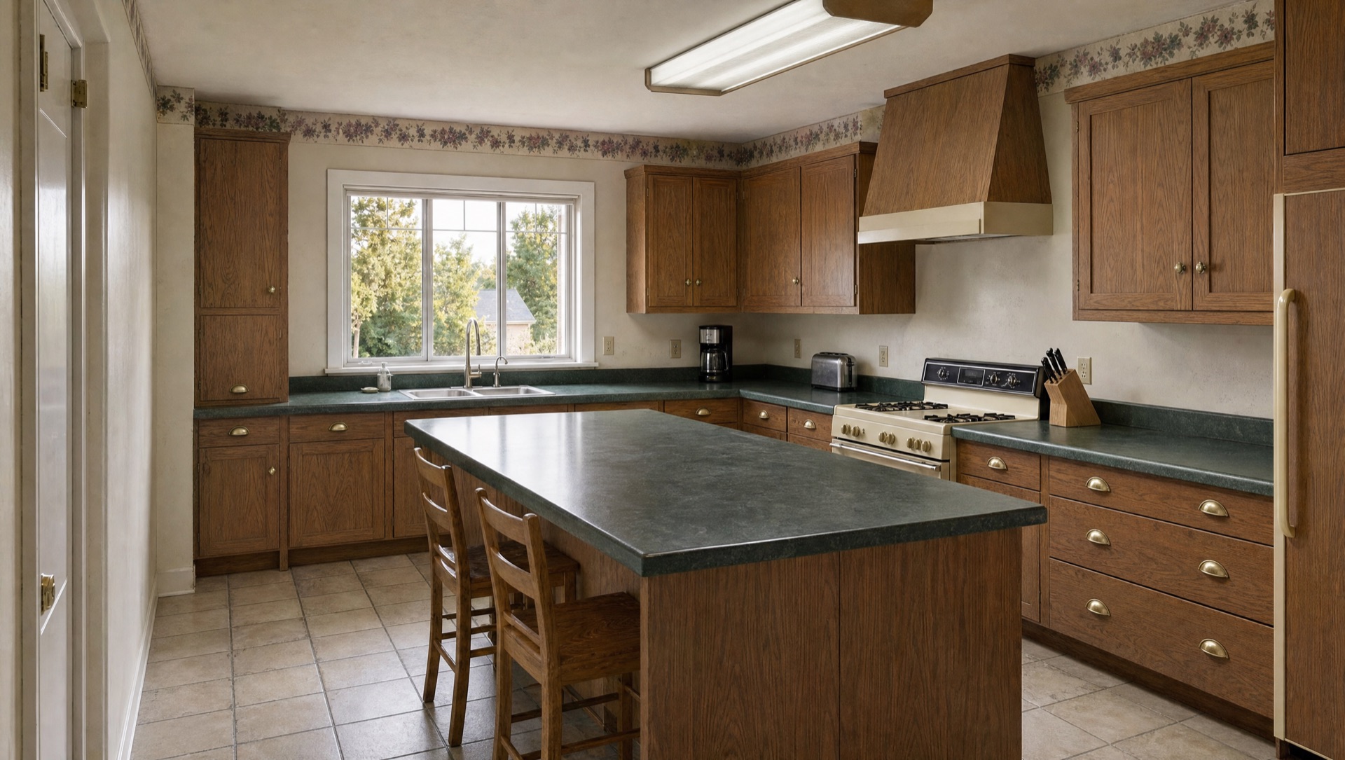 Dated 1990s La Mesa kitchen with oak laminate cabinets and dark Formica counters