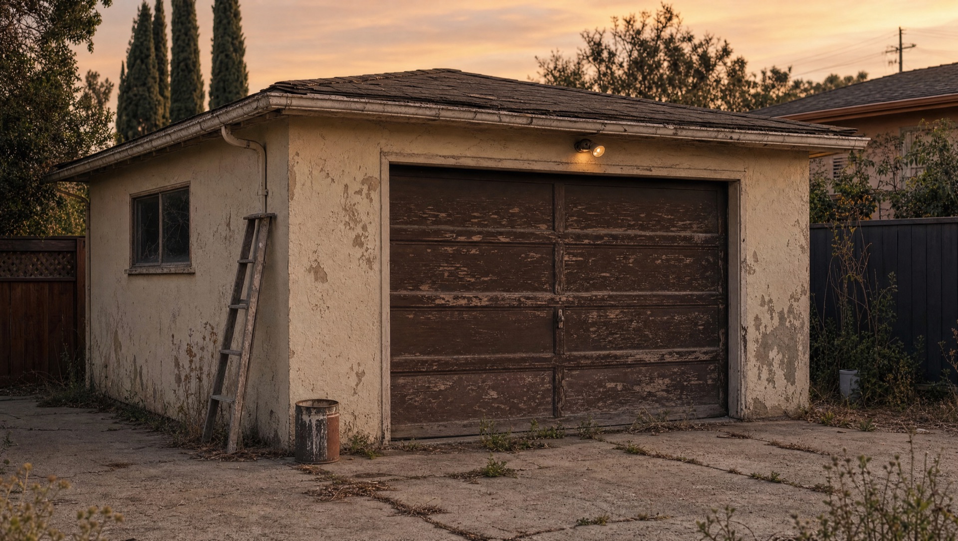 Tired old detached single-car garage in a San Carlos backyard before ADU conversion