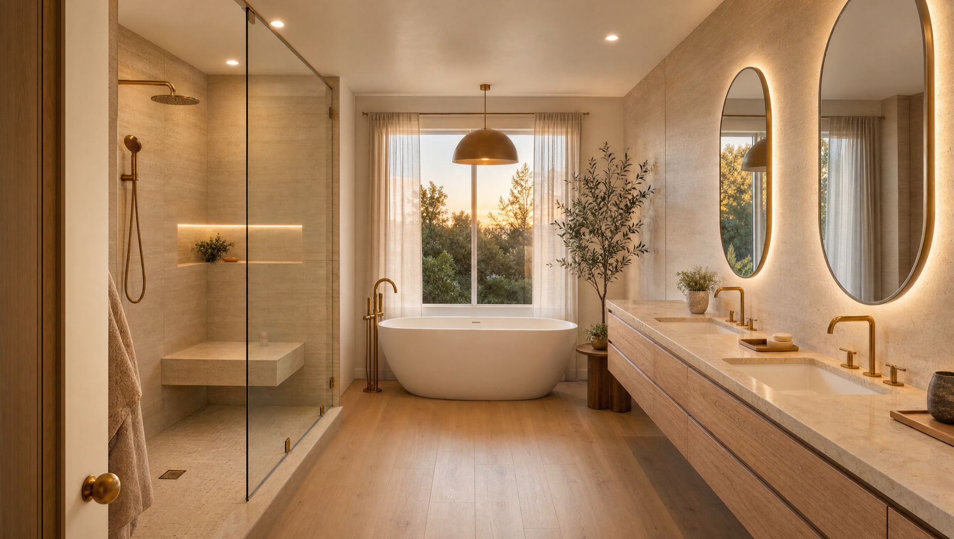 Tierrasanta primary bath after remodel — freestanding soaking tub, walk-in shower, white oak double vanity