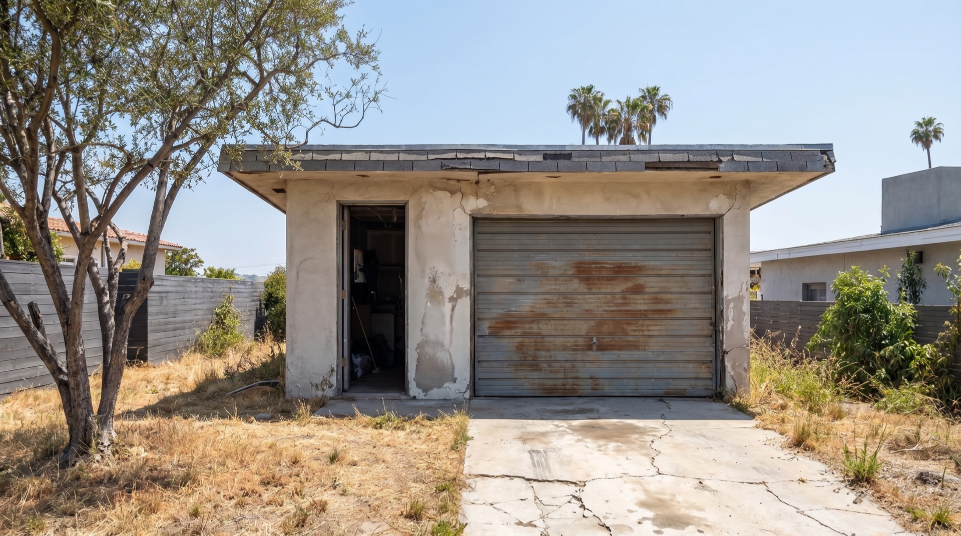 Tired detached garage in a San Diego backyard before ADU conversion