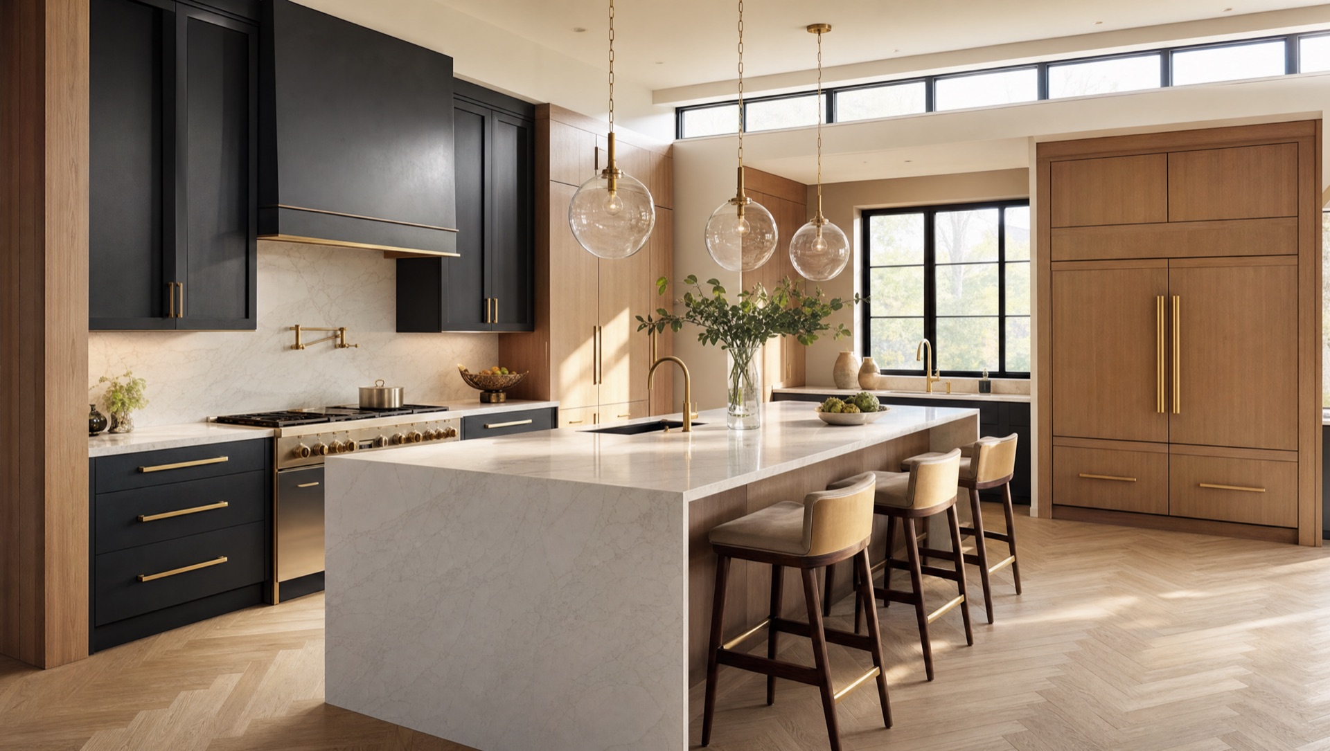 Same kitchen after remodel — white oak cabinetry, quartz waterfall island, brushed-gold hardware